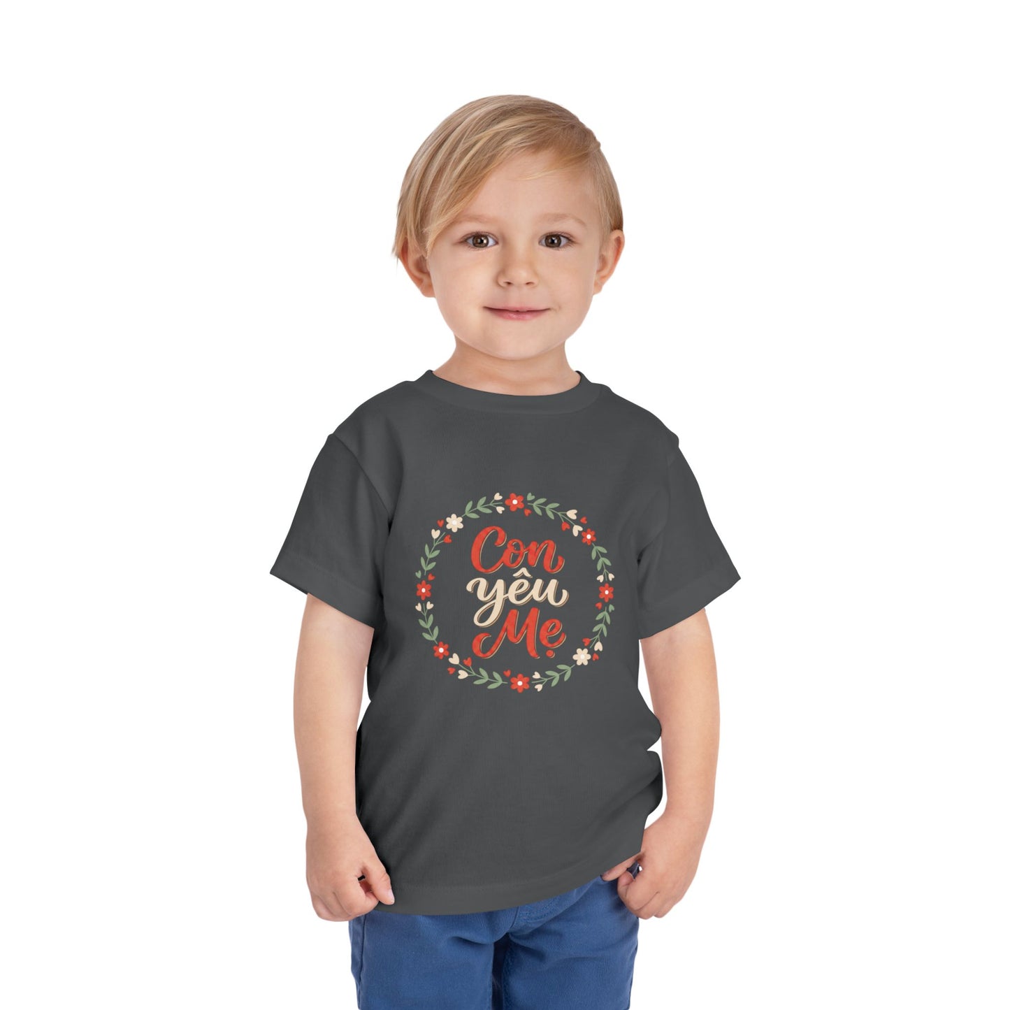 "Con Yêu Mẹ" Toddler Short Sleeve Tee — Vietnamese American Child Loves Mom Kids Shirt, Premium Cotton Bond Gift