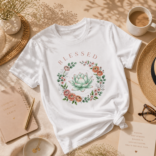 "Blessed" Floral T-Shirt — Succulent & Rose Wreath Graphic Tee