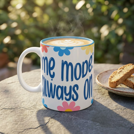 "Mẹ Mode: Always On" Floral Accent Coffee Mug (Blue) — Vietnamese American Mom Mug