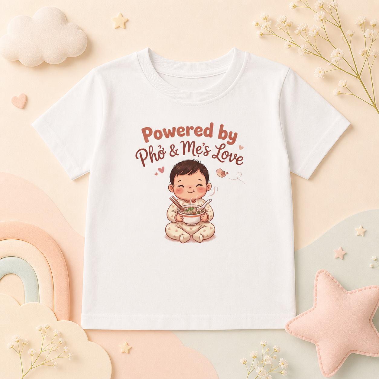 "Powered by Phở and Mẹ's Love" Toddler Tee — Vietnamese American Kids Shirt, Cute Foodie Mom Bond Graphic