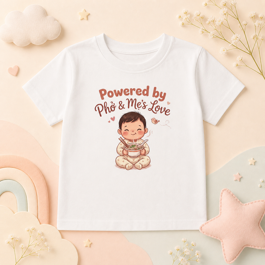 "Powered by Phở and Mẹ's Love" Toddler Tee — Vietnamese American Kids Shirt, Cute Foodie Mom Bond Graphic