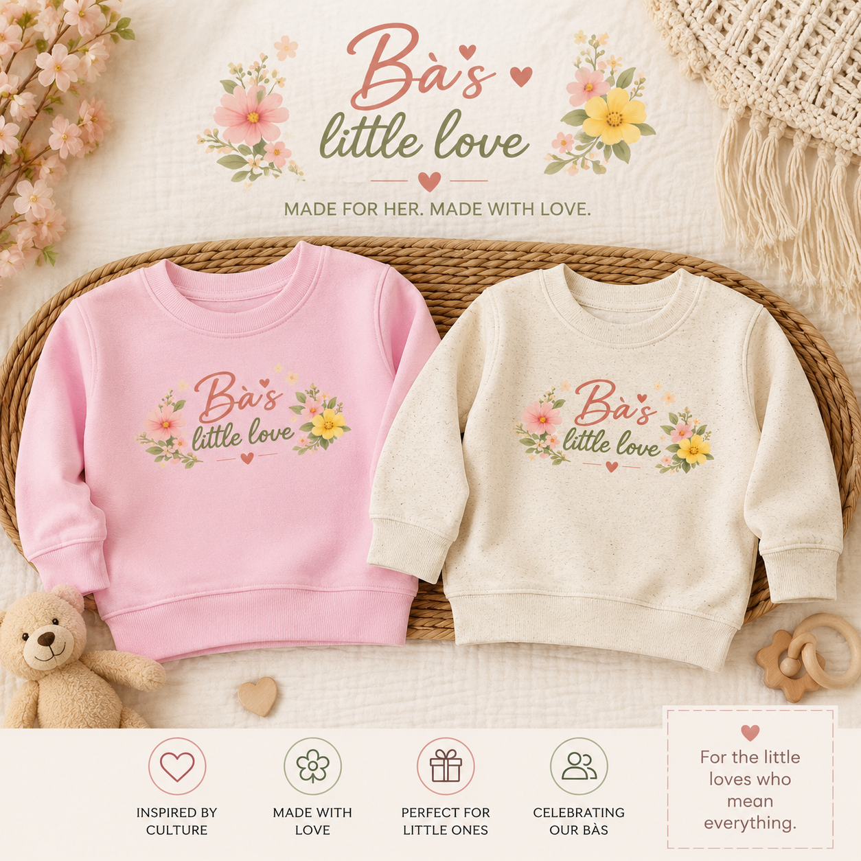 "Bà’s Little Love" Floral Vietnamese American Inspired Grandma Loving Toddler Sweatshirt