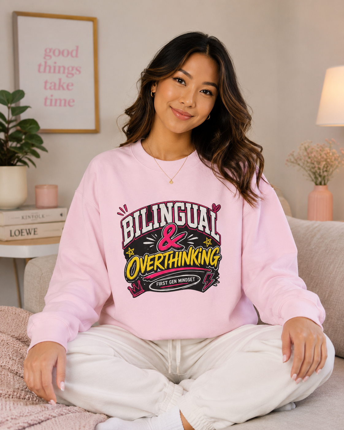 "Bilingual & Overthinking" Crewneck Sweatshirt — For Multilingual Deep Thinkers