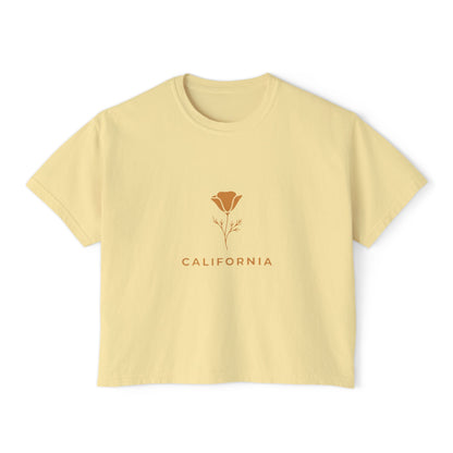 California Poppy Women's Boxy Tee — Minimal Floral Crop T-Shirt