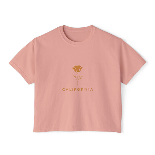 California Poppy Women's Boxy Tee — Minimal Floral Crop T-Shirt